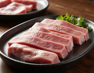 Raw Meat Slices on Dark Plate
