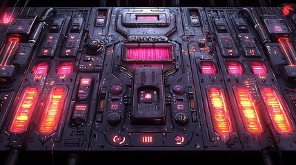 Futuristic control panel with glowing buttons and switches.