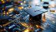 © sornram - Graduation cap on circuit board background.