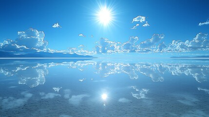 a crystal-clear view of the salt flats of uyuni in bolivia, under bright sunlight, no one around, wi
