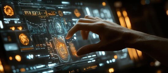 A hand interacts with a futuristic interface.