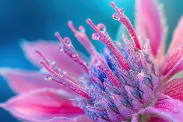 Wall Mural - Close-up of a pink flower with dew drops.