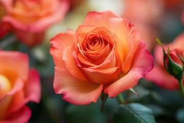 Wall Mural - Close-up of a single, vibrant orange rose in bloom, surrounded by others.