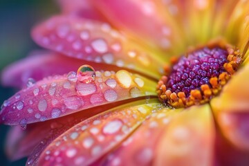 Wall Mural - Close-up of a vibrant flower with dew drops.