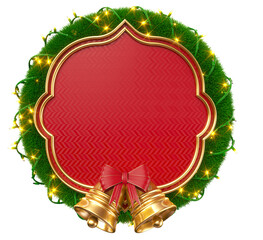 Wall Mural - Christmas Wreath With Red Label, Golden Bells, And Lights In 3D Render with background transparent