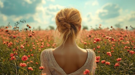 Wall Mural - Field, woman, outdoor. 