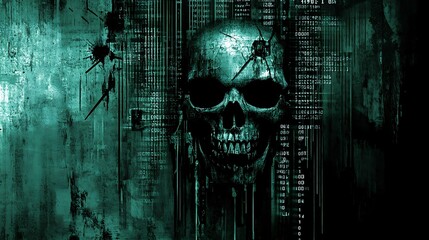 Grungy skull amidst teal digital code.