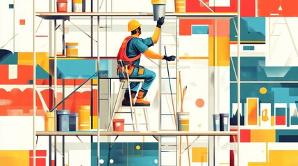 Wall Mural - Painter on scaffolding amidst colorful geometric shapes, working on a high-rise building.