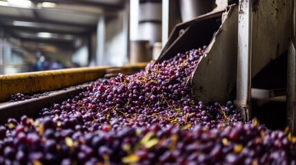 Poster - Freshly harvested grapes flow down a conveyor belt in a wine production facility, highlighting the natural winemaking process. Workers are seen in the background, focused on quality control.