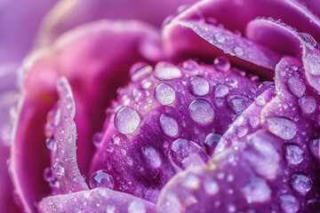 Wall Mural - Close-up of dew drops on a vibrant purple flower petal.