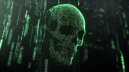 Digital skull formed by green code in a dark cyberspace.