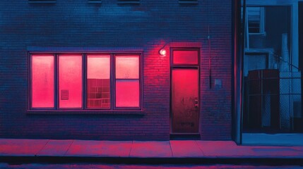 Poster - Pink-lit storefront, brick building, night scene.