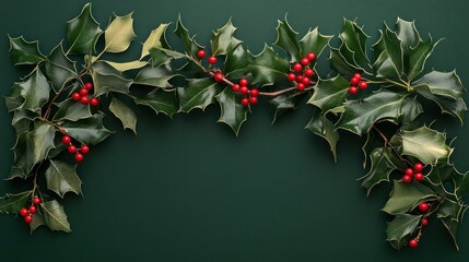 Wall Mural - Festive holly sprigs and berries arranged on a dark green background forming a border.