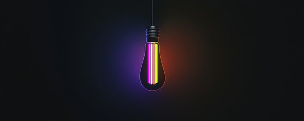 Poster - Colorful neon light bulb on dark background, glowing spectrum. Modern technology and creativity concept