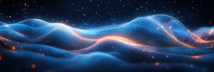 Aufkleber - Abstract Blue Wave Background with Flowing Lines, Dots, Network Structure, Connection, Futuristic Design, Digital Mesh, Geometric Patterns, Light and Space