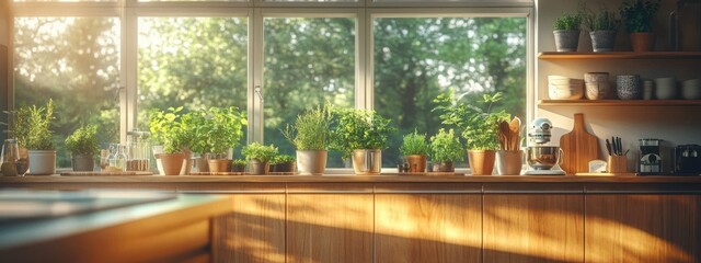 Aufkleber - Cozy Kitchen Scene Warm Lighting Wooden Textures Green Plants Scandinavian Minimalism