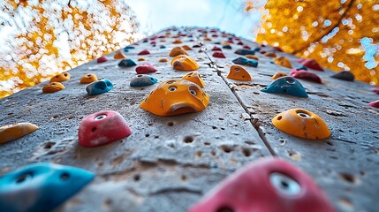 clear, bright day at an outdoor climbing wall with colorful holds and distant blue skies