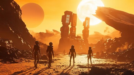 Wall Mural - astronauts explore ancient alien structures on a desolate planet