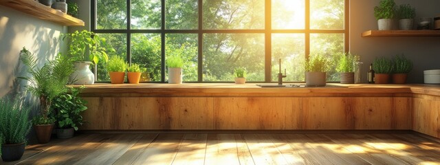 Aufkleber - Cozy Scandinavian Kitchen Scene Warm Light Natural Wood Plants Modern Interior Design