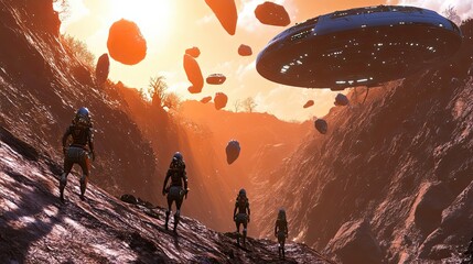 Wall Mural - astronauts explore alien canyon with spaceship overhead