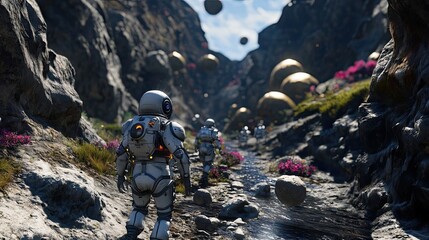 Wall Mural - astronauts traverse alien canyon with floating orbs