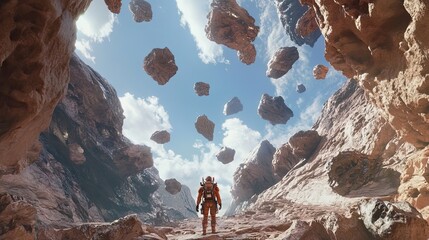 Wall Mural - astronaut exploring alien canyon with floating rocks