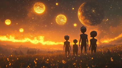 Wall Mural - alien family observing fiery sunset and celestial bodies