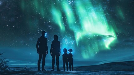 Wall Mural - family silhouettes admire celestial aurora borealis display