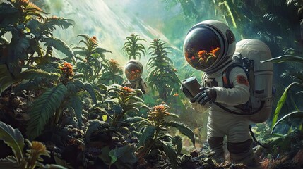 Wall Mural - astronauts explore alien flora in lush tropical environment