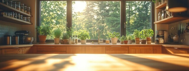 Aufkleber - Cozy Kitchen Scene Scandinavian Minimalism Warm Lighting Wooden Interior Green Plants