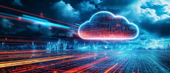 Futuristic cloud computing landscape with binary code cloud, cityscape, and vibrant colors creating depth and movement