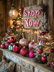 Wall Mural - Shop Now sign with Christmas ornaments and lights creates festive atmosphere