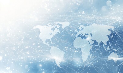 Global Network: Digital World Map Illustration with White Lines and Dots on Light Blue Gradient Background