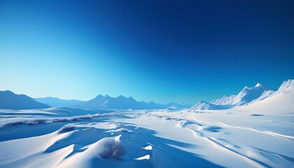 A snowy landscape with a clear blue sky background