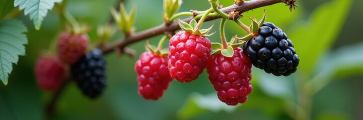 Wall Mural - Freshly picked raspberries and blackberries on a vine, showcasing vibrant colors and rich textures, perfect for food-related projects, marketing, or health-related content.