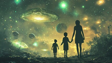 Wall Mural - a family silhouetted against a cosmic background