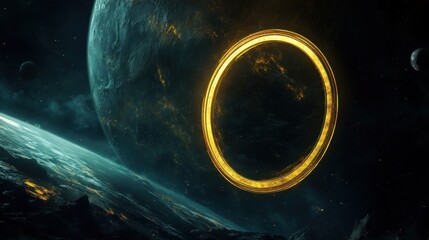 Wall Mural - Glowing golden ring orbiting a teal planet in deep space.