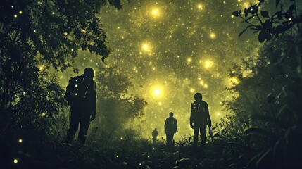 Wall Mural - Silhouetted figures journey through a magical forest night