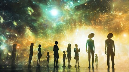 Wall Mural - silhouetted figures stand before a cosmic nebula