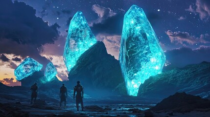 Wall Mural - three glowing crystal mountains under night sky