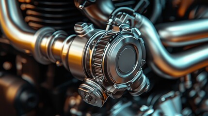 Wall Mural - turbocharger installation. Close-up of a metallic engine component showcasing intricate details and polished surfaces, highlighting the engineering of mechanical parts.