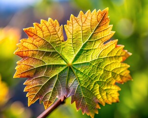 A close-up view highlights an intricately detailed leaf transitioning from green to warm shades of yellow and orange. Soft sunlight creates a magical glow, enhancing nature\'s beauty