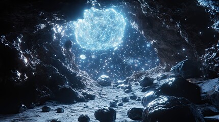 Wall Mural - celestial cave entrance glowing orb rocks space