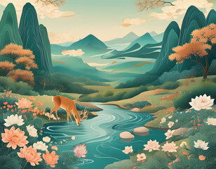 Wall Mural - Deer Drinking From a River in a Mountainous Landscape