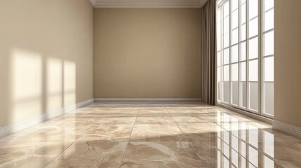 Wall Mural - Sunlit empty room with beige walls, large windows, and polished marble floor.