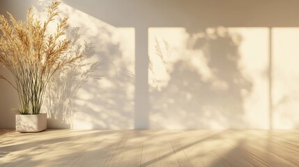 Wall Mural - Minimalist room interior with pampas grass casting shadows on a beige wall and light wood floor.