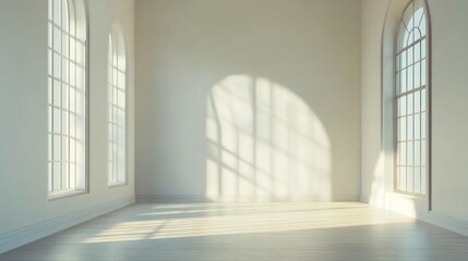 Wall Mural - Sunlit empty room with arched windows and hardwood floor.