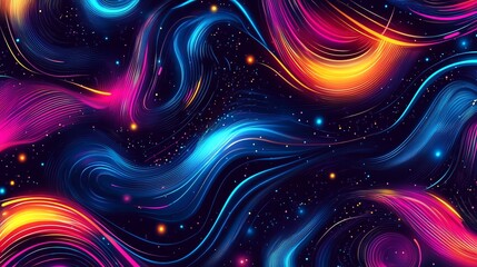 Wall Mural - Abstract swirling pattern in neon colors on a black background.