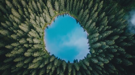 Wall Mural - Aerial view of a serene blue lake surrounded by a ring of lush green trees.