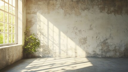 Wall Mural - Sunlit empty room with textured wall, large window, and potted plant.